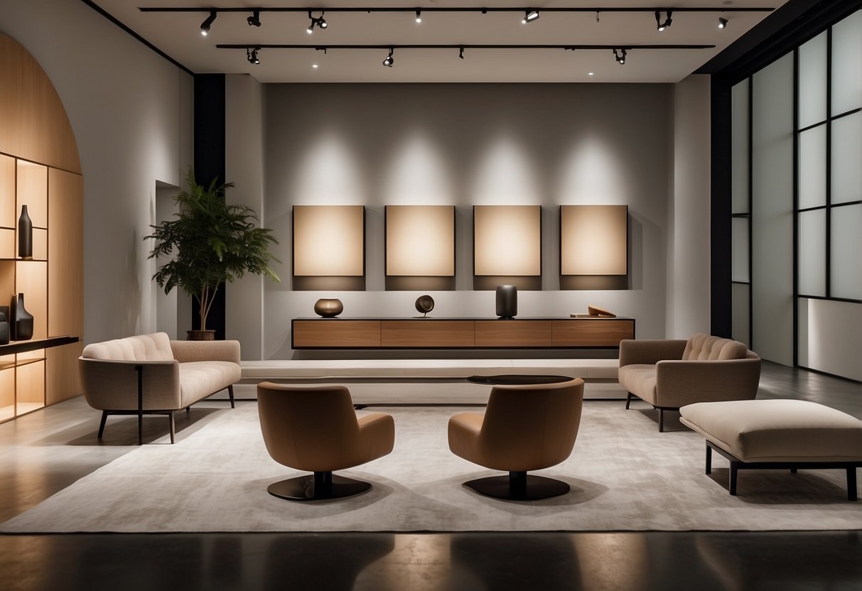 A modern, minimalist showroom displays Henge Collections and Bespoke Projects furniture in a sleek, well-lit space. Unique, high-quality pieces are showcased against a backdrop of clean lines and neutral tones
