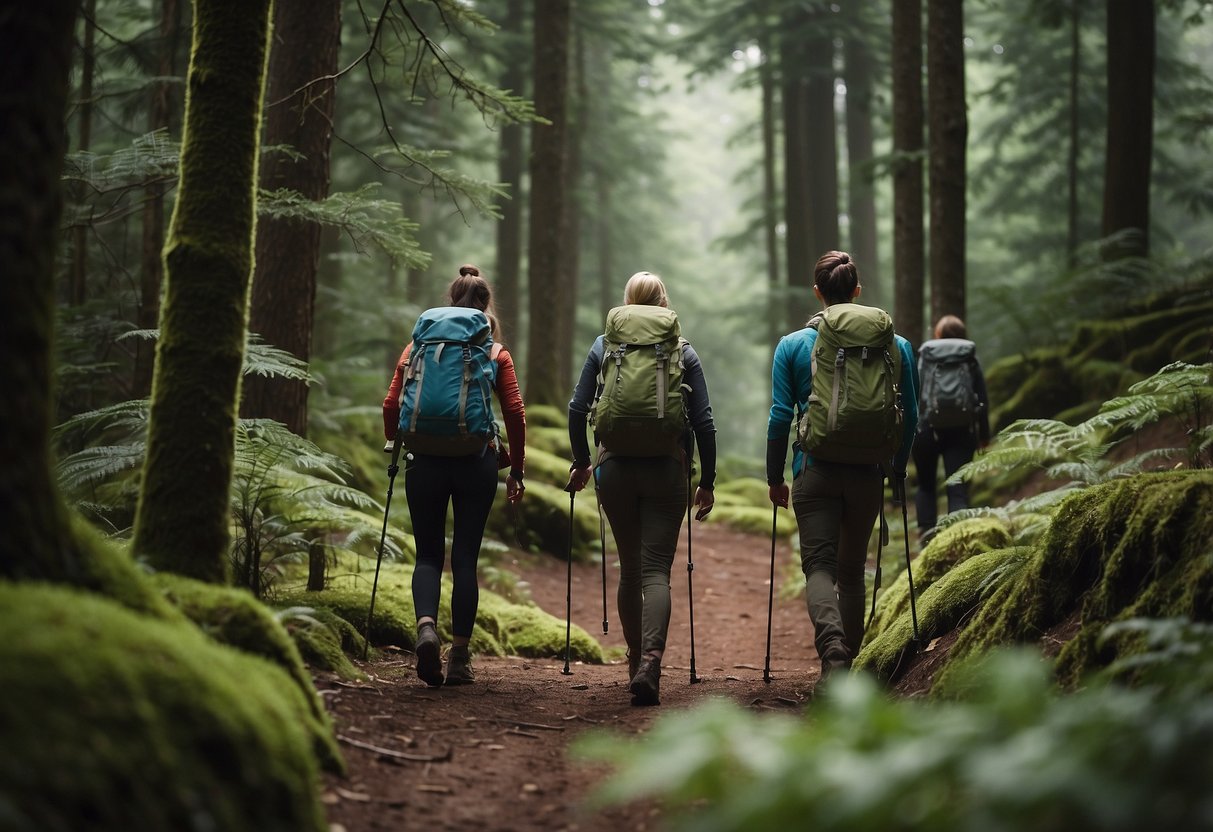 A group of hikers trek through a dense forest, surrounded by towering trees and rugged terrain. They carry backpacks and hiking poles, keeping a lookout for any signs of wildlife