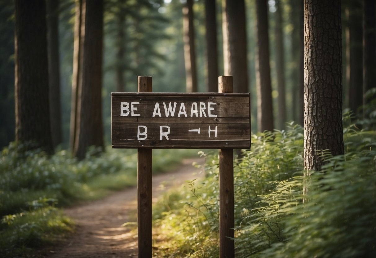 A signpost with "Be Aware of Bear" text, surrounded by trees and bushes in a forest clearing. Seven tips for backpacking in bear country are listed below the sign