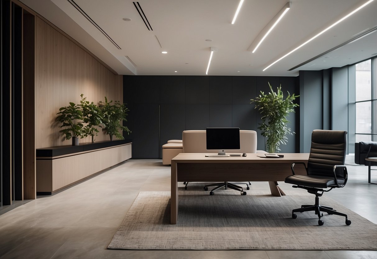 A modern, minimalist office space with sleek, custom furniture by Harrows. Clean lines, neutral colors, and thoughtful design elements create a sophisticated and professional atmosphere
