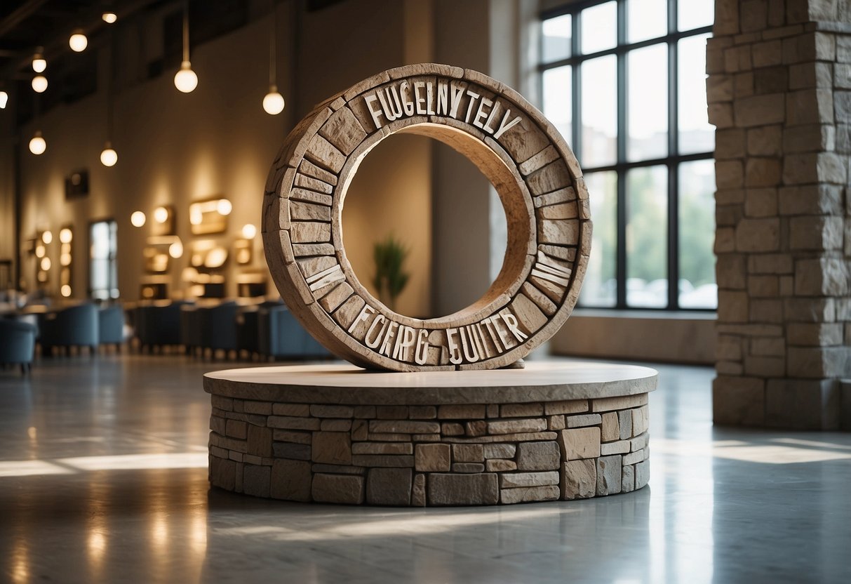 A circle of towering stone furniture, with a sign reading "Frequently Asked Questions Henge Furniture" in the center