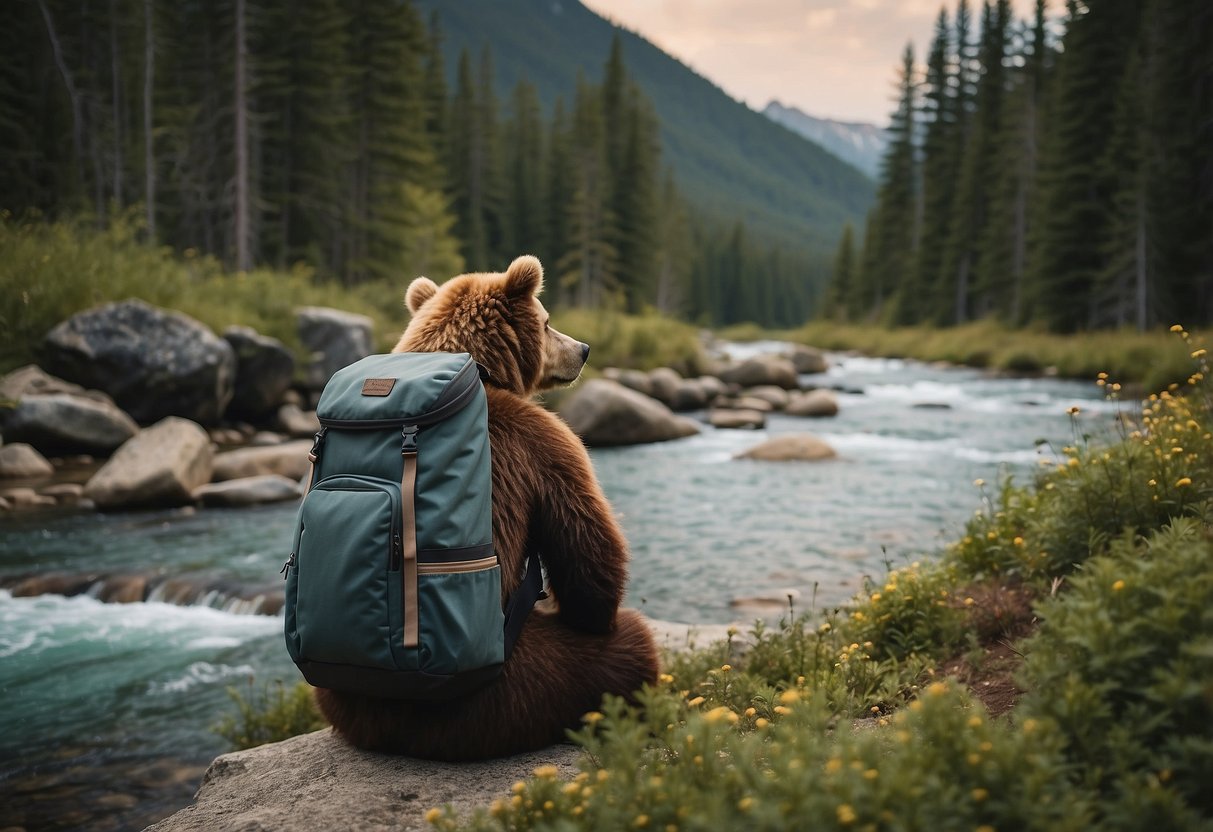 A bear sniffs the air, ears perked, while a backpack lies nearby. Trees and mountains surround the scene, with a clear stream running through the forest