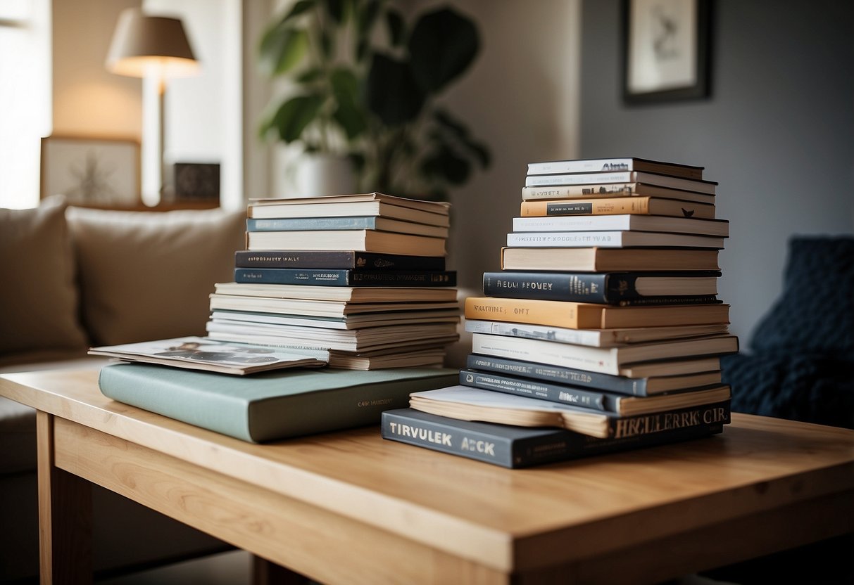 A stack of furniture catalogs with "Frequently Asked Questions" on top, surrounded by various furniture pieces and decor items