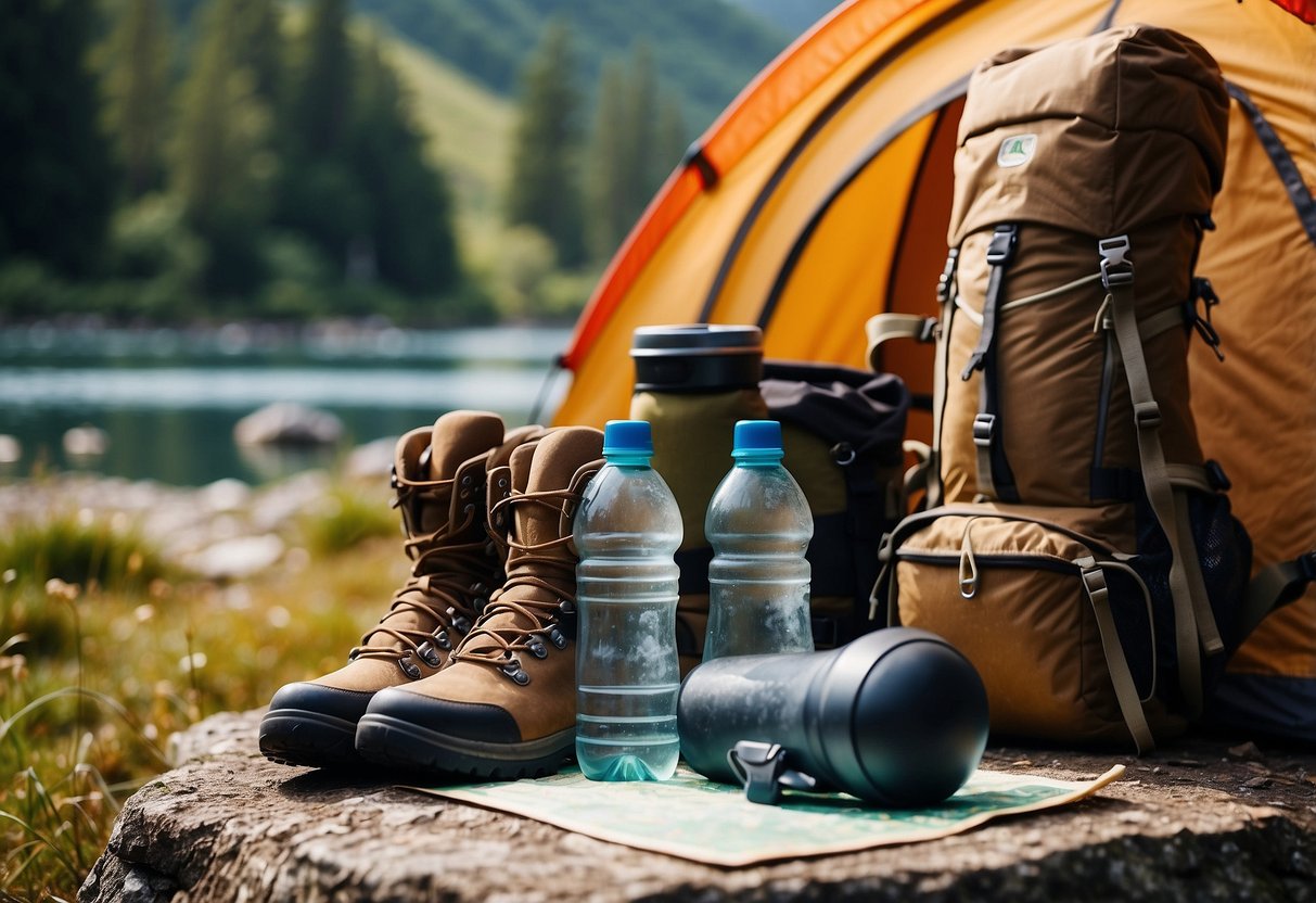 A backpack, hiking boots, map, and water bottle laid out next to a tent with a scenic European landscape in the background