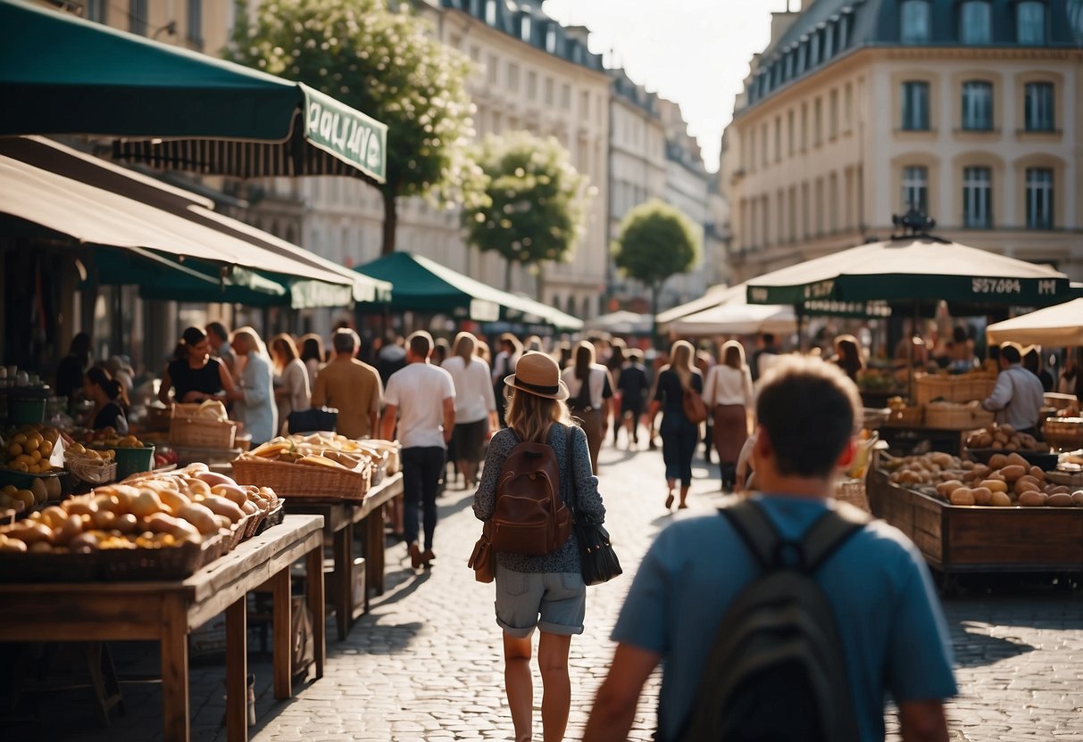 A bustling European city square, with diverse individuals backpacking and engaging in cultural activities, surrounded by historical landmarks and vibrant street vendors