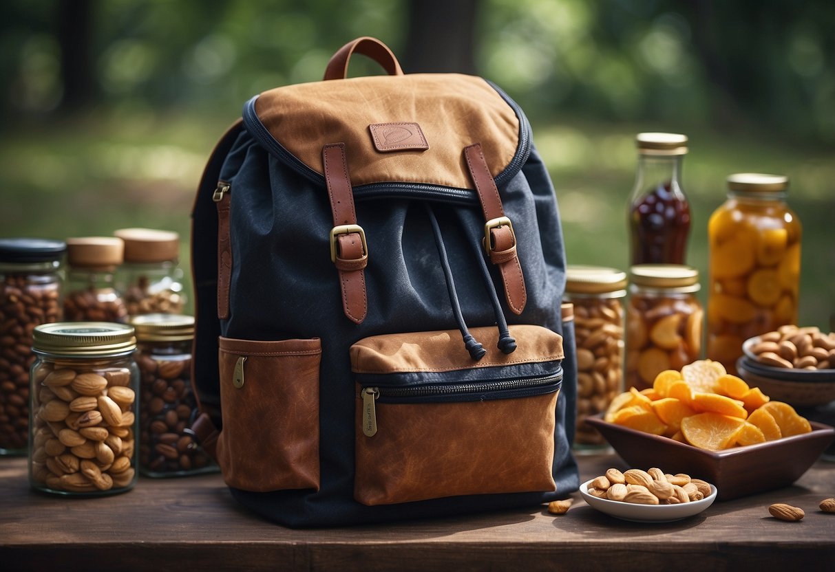 A backpack with 10 assorted lightweight snacks laid out on a flat surface, including nuts, dried fruits, energy bars, and jerky