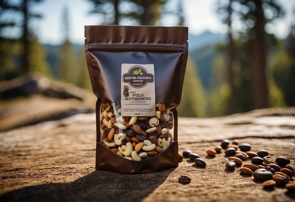 A bag of trail mix sits open, revealing a mix of dark chocolate chunks and various nuts. The lightweight snacks are perfect for backpacking adventures