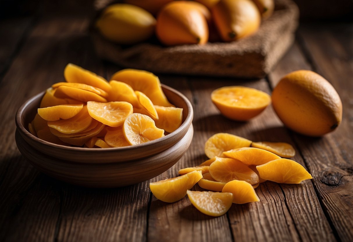 A pile of dried mango slices sits on a rustic wooden table, surrounded by other lightweight snacks. The vibrant orange color of the mango slices contrasts with the natural wood, creating an appealing and appetizing scene