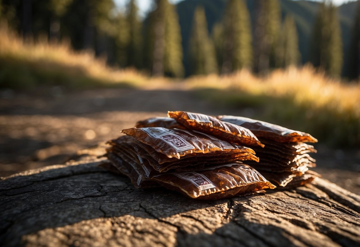 A pile of beef jerky and 10 lightweight snack packages sit on a backpacking trail. The sun shines overhead, casting shadows on the ground