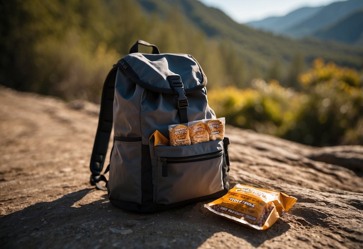 A backpack lies open on the ground, spilling out granola bars and other lightweight snacks. The sun shines down on the vibrant packaging, highlighting the perfect fuel for a long hike