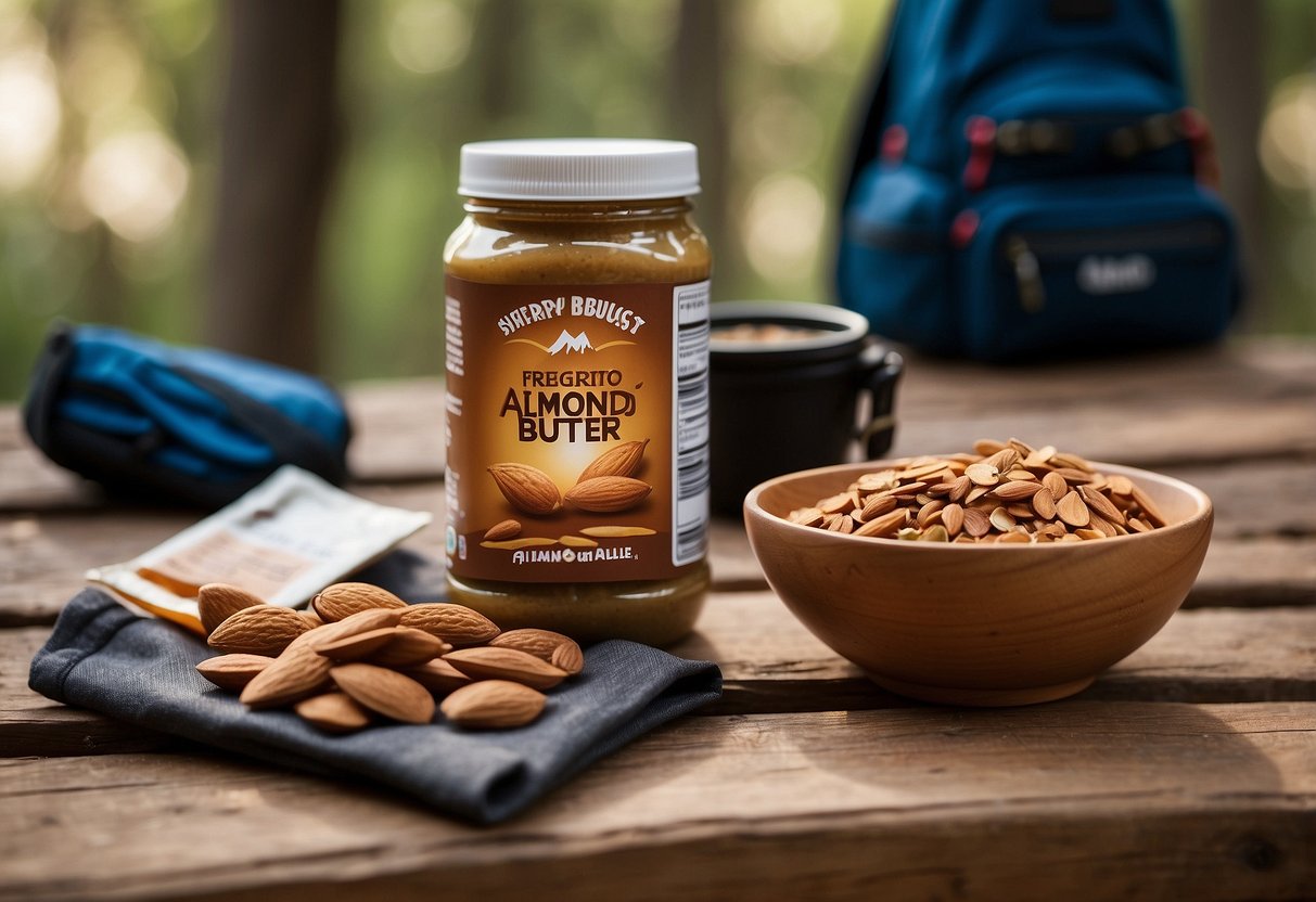 A cluster of almond butter packets, neatly arranged on a table next to a backpack and hiking gear