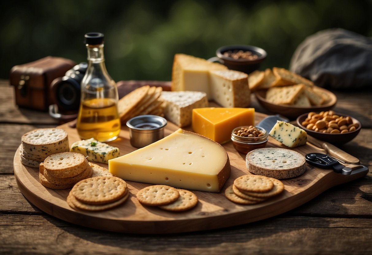 A variety of cheese and cracker combinations laid out on a rustic wooden board, surrounded by hiking gear and a backpack