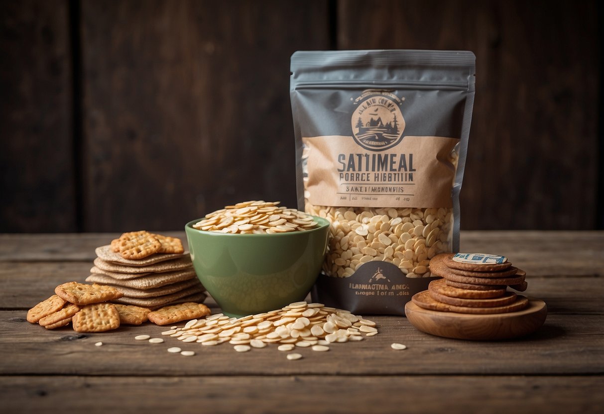 A stack of instant oatmeal packets and lightweight snacks for backpacking lay on a rustic wooden table