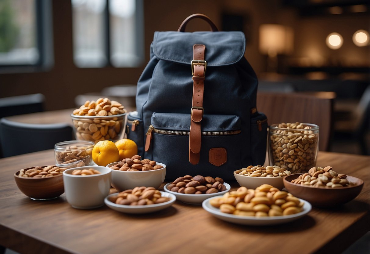 A backpack with various lightweight snacks, such as nuts, dried fruits, and energy bars, laid out on a table