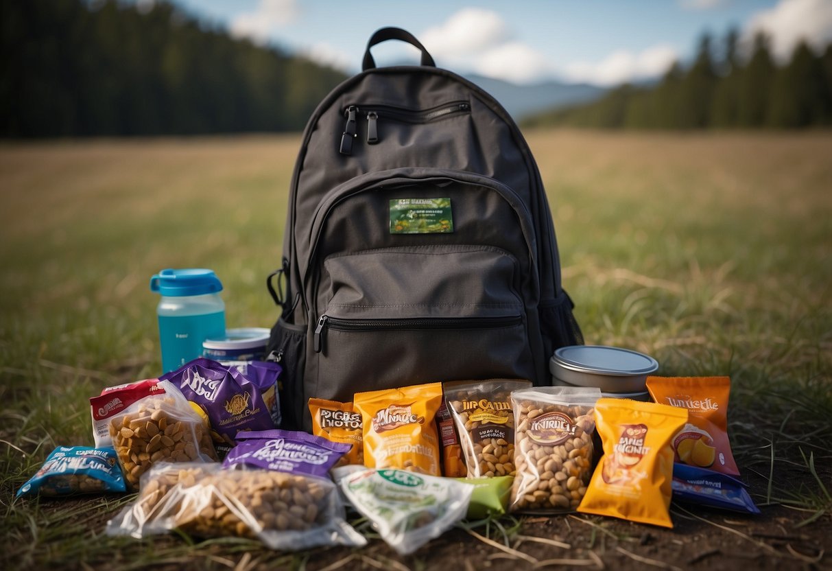 A backpack lies open on the ground, filled with lightweight snacks neatly packed in resealable bags. Nearby, a storage container holds additional supplies for backpacking