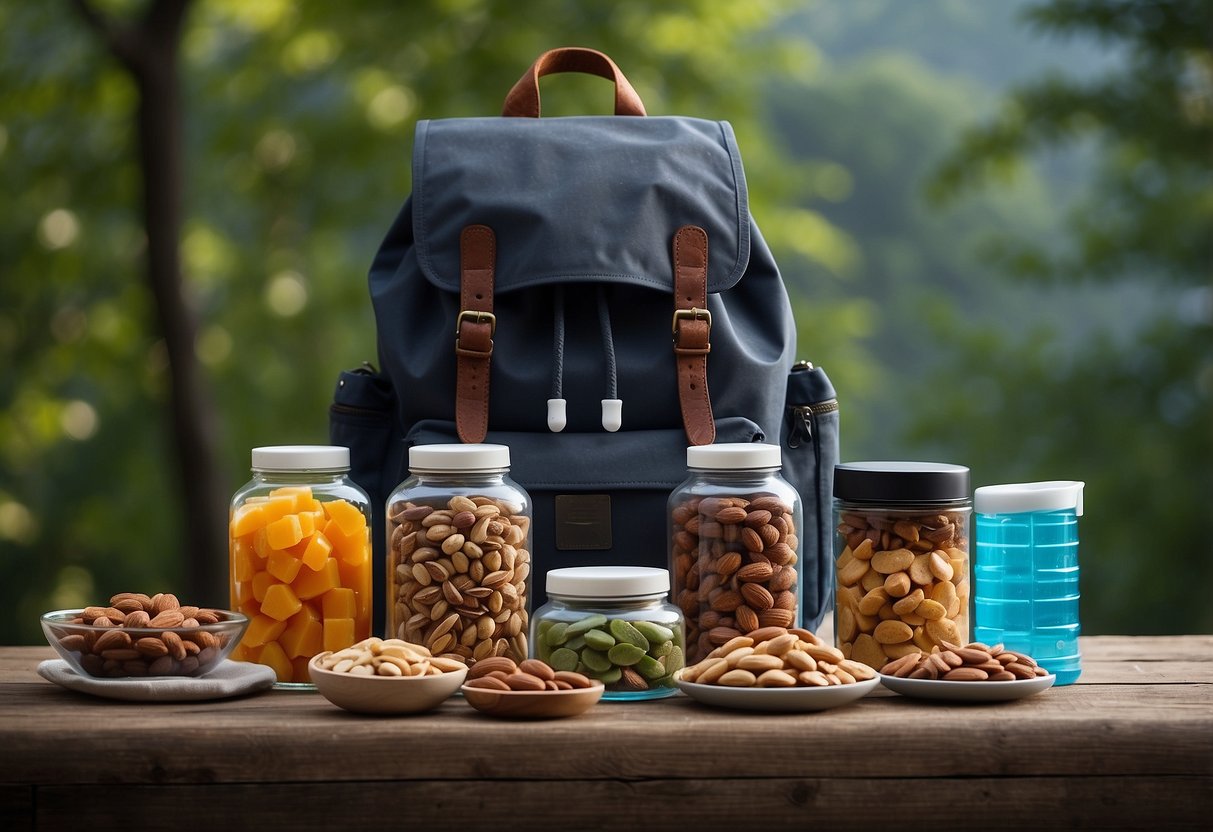 A backpack with 10 different lightweight snacks, such as nuts, dried fruits, and energy bars, neatly organized in individual resealable bags, with a small portable water filter and hand sanitizer nearby