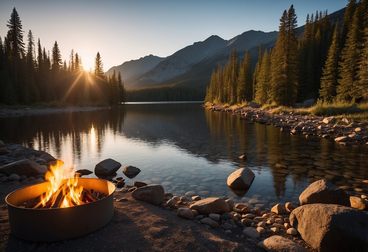 A campsite nestled in a remote wilderness, surrounded by towering trees and a glistening river. A crackling campfire sits in the center, casting a warm glow as the sun sets behind the mountains