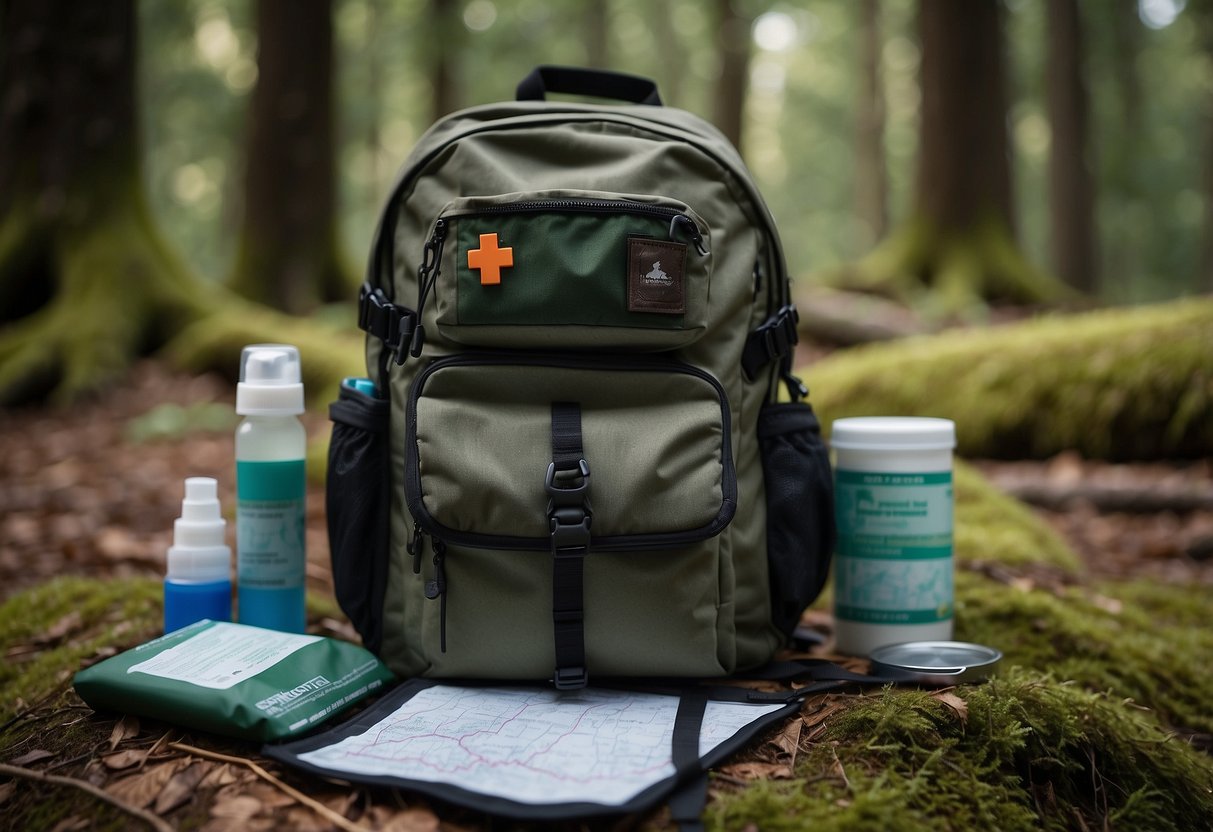 A backpack with a first aid kit, camping gear, and a map laid out on the forest floor