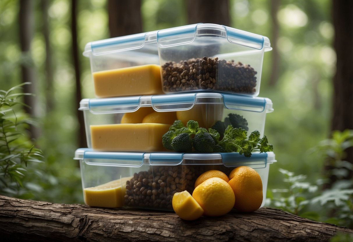 Food stored in bear-proof containers, hanging from trees, or in sealed bags to prevent attracting wildlife. Cooler placed in shaded area to maintain temperature