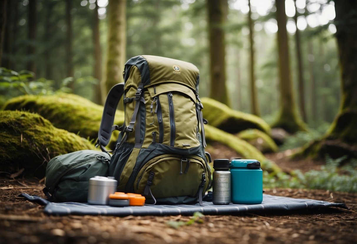 A backpack sits open on the ground, filled with camping gear. A map and compass lay next to it, ready to guide the way. A tent is being pitched in the background, surrounded by towering trees