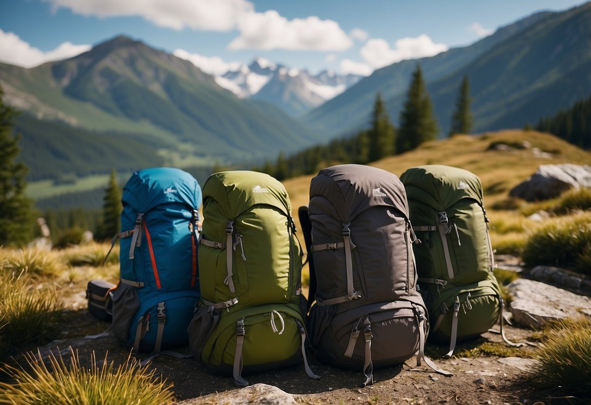 Five backpacks arranged on a mountain trail, surrounded by camping gear and hiking boots. The backdrop shows a scenic view of snow-capped peaks and lush greenery