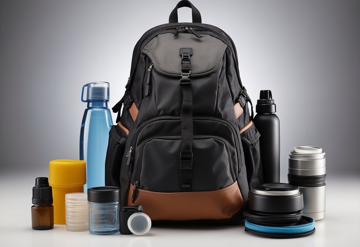 A backpack lying open on a clean surface, with various items neatly organized inside. A small repair kit and a water bottle are placed next to it