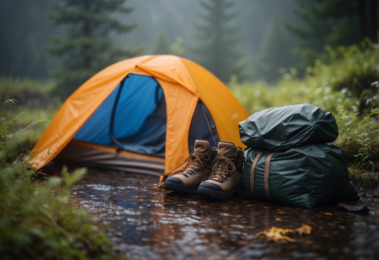 Gear arranged under a waterproof tarp, with a backpack, tent, and sleeping bag protected from the rain. A small fire burns nearby, and a drying rack holds wet clothes and shoes