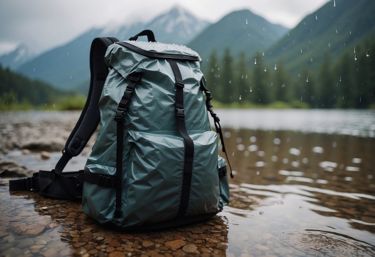 Electronics stored in Ziploc bags, backpack surrounded by rain gear, water droplets on the surface, mountains in the background