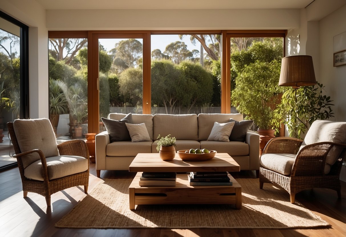 A cozy living room with a large gumtree Perth furniture set, including a wooden coffee table and comfortable armchairs. Sunlight streams in through the window, casting a warm glow over the space