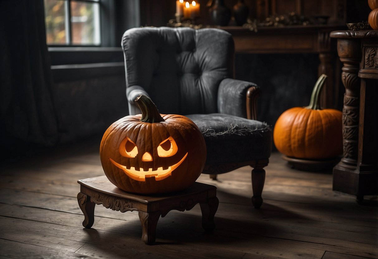 A dark, cobweb-covered armchair sits beside a carved pumpkin table, surrounded by eerie, antique decor