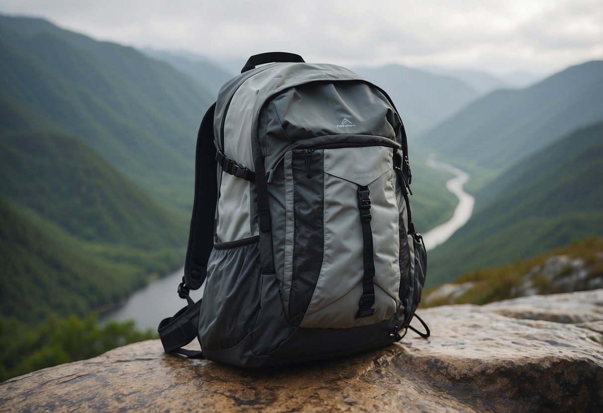 A backpack with silicone-sealed gear sits on a rocky ledge, surrounded by a misty mountain landscape. Raindrops bead off the waterproof material, while a clear stream flows nearby