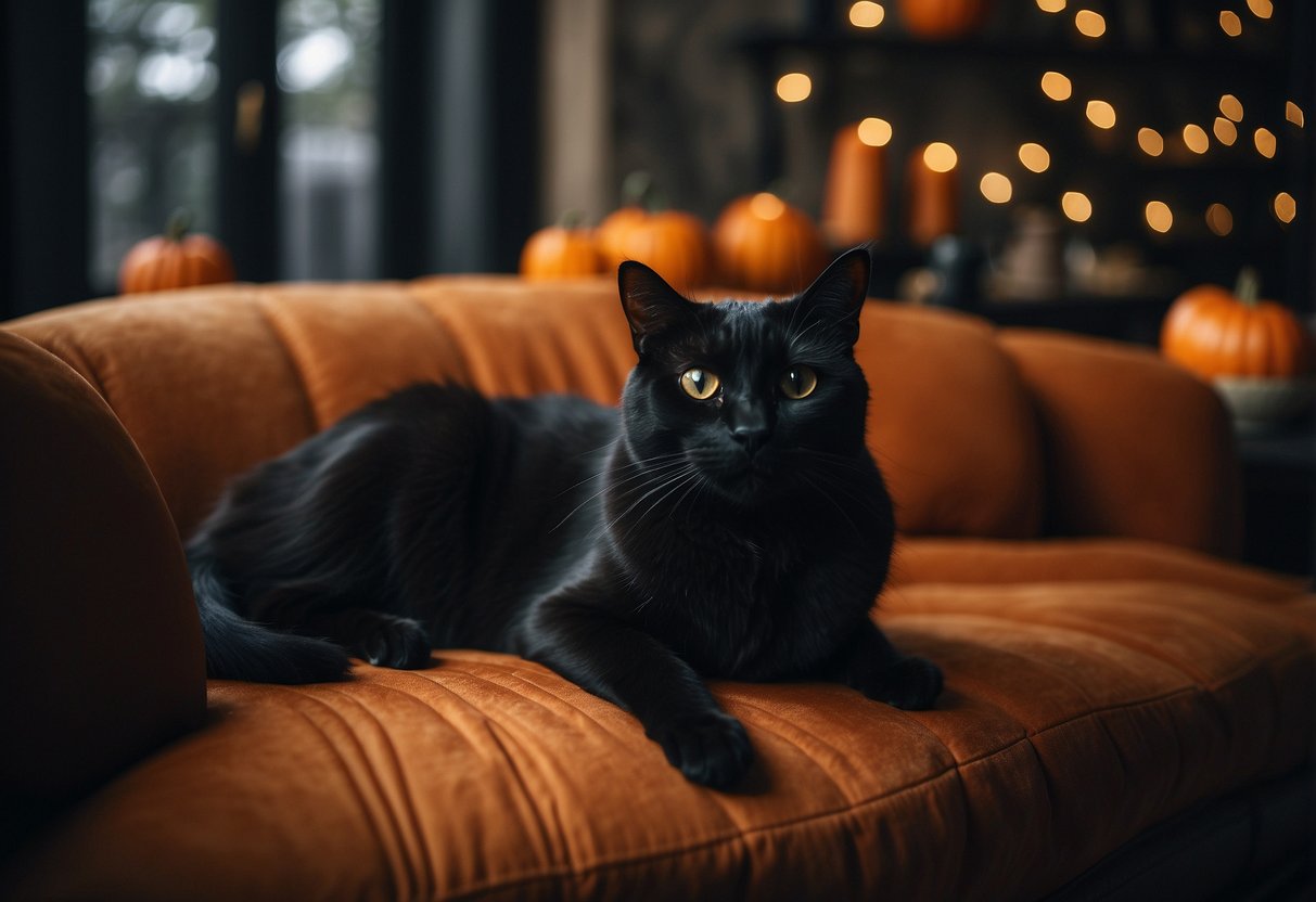 A spooky black cat lounges on a pumpkin-shaped sofa, surrounded by ghostly chairs and a spiderweb coffee table. The room is adorned with eerie decor and dimly lit by flickering jack-o-lanterns