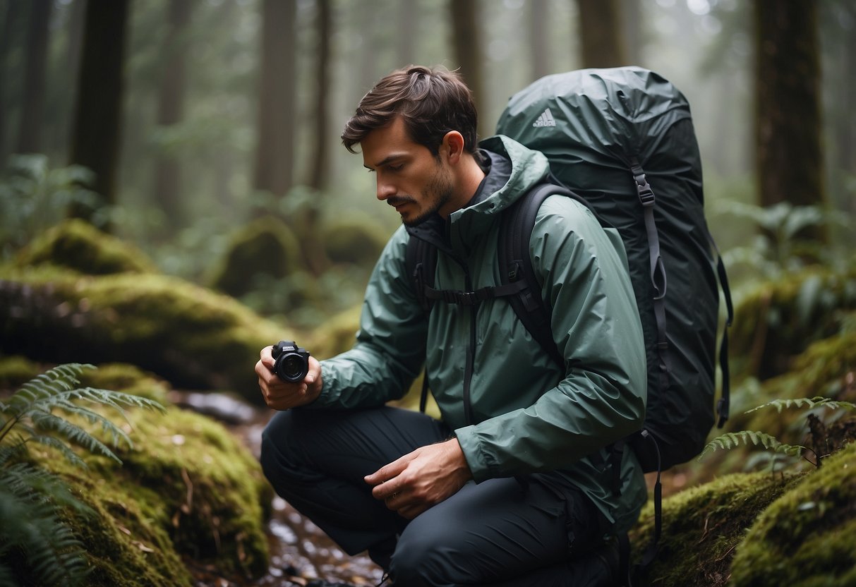 A backpacker carefully selects waterproof gear, packs dry bags, and seals zippers to keep equipment dry in a rainy forest