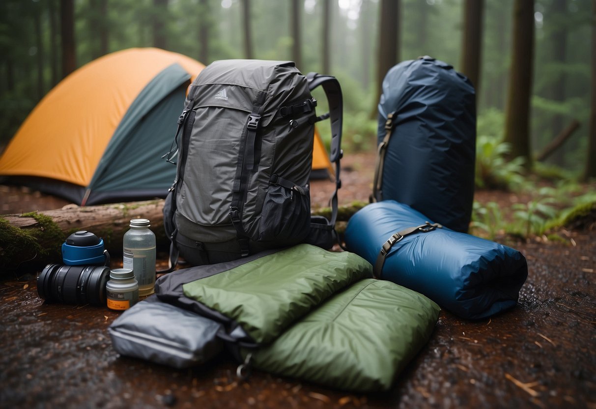 A backpack with worn out straps and a torn rain cover lies next to a damp sleeping bag and a wet tent, while a list of "Signs Your Gear Needs Replacing" and "10 Ways to Keep Your Gear Dry While Backpacking" is