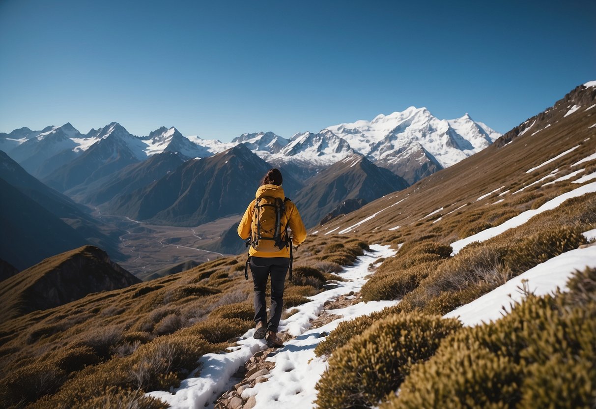 A mountainous landscape with a winding trail, towering peaks, clear blue skies, and a backpacker navigating steep terrain. Snow-capped mountains in the distance