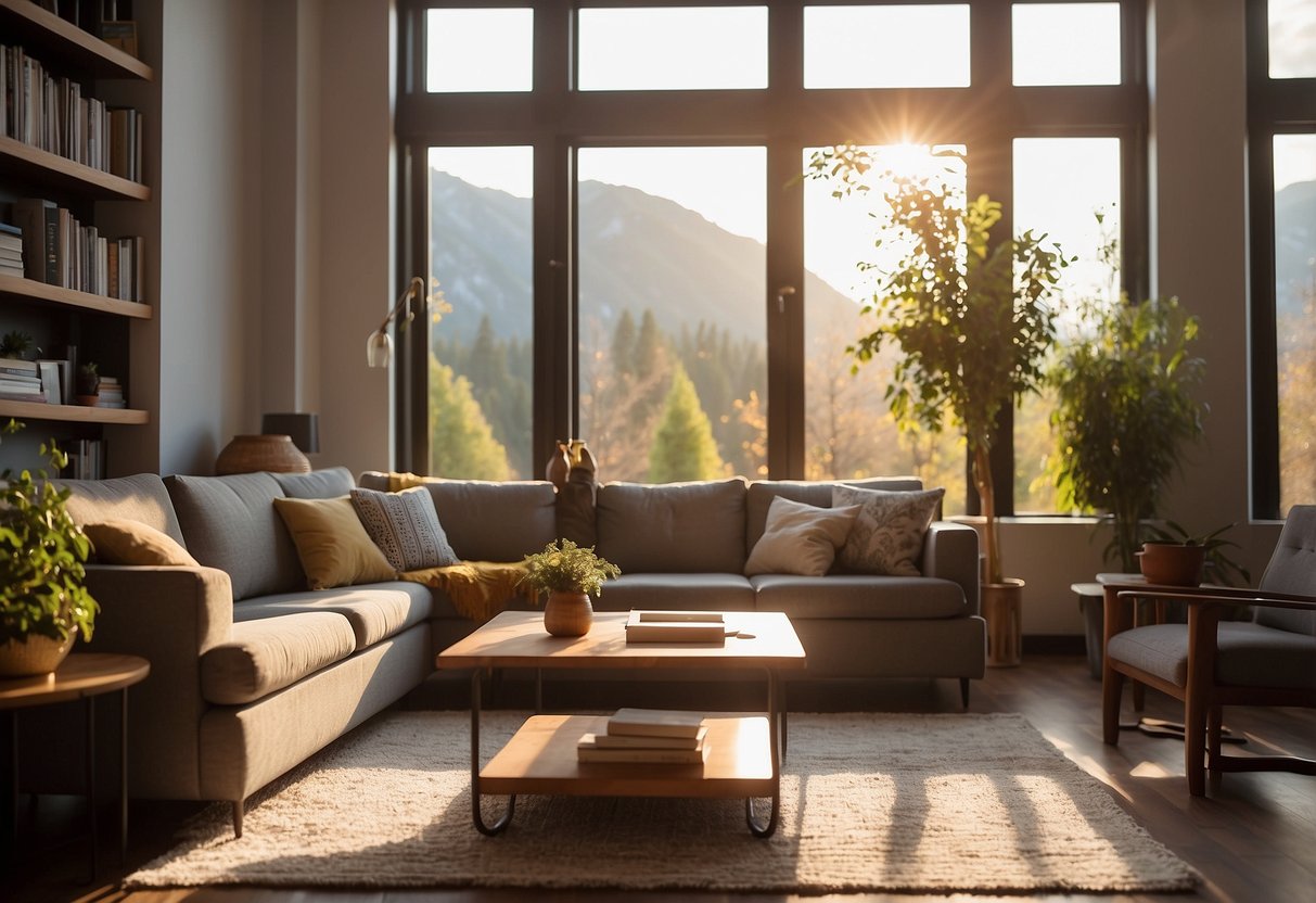 A living room with a cozy sofa, coffee table, and bookshelf. Sunlight filters through the window, casting a warm glow on the furniture
