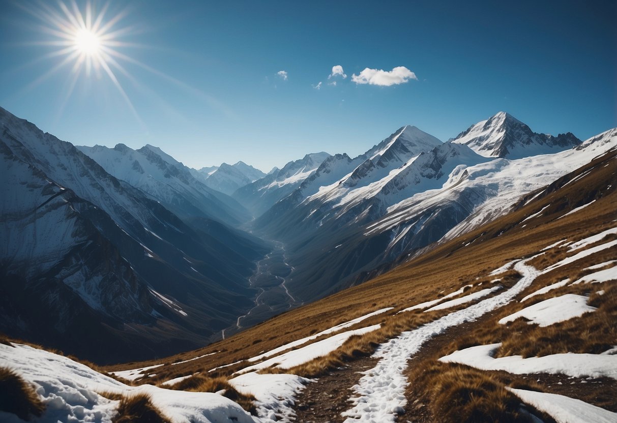 A mountainous landscape with winding trails leading to high peaks, surrounded by snow-capped mountains and clear blue skies