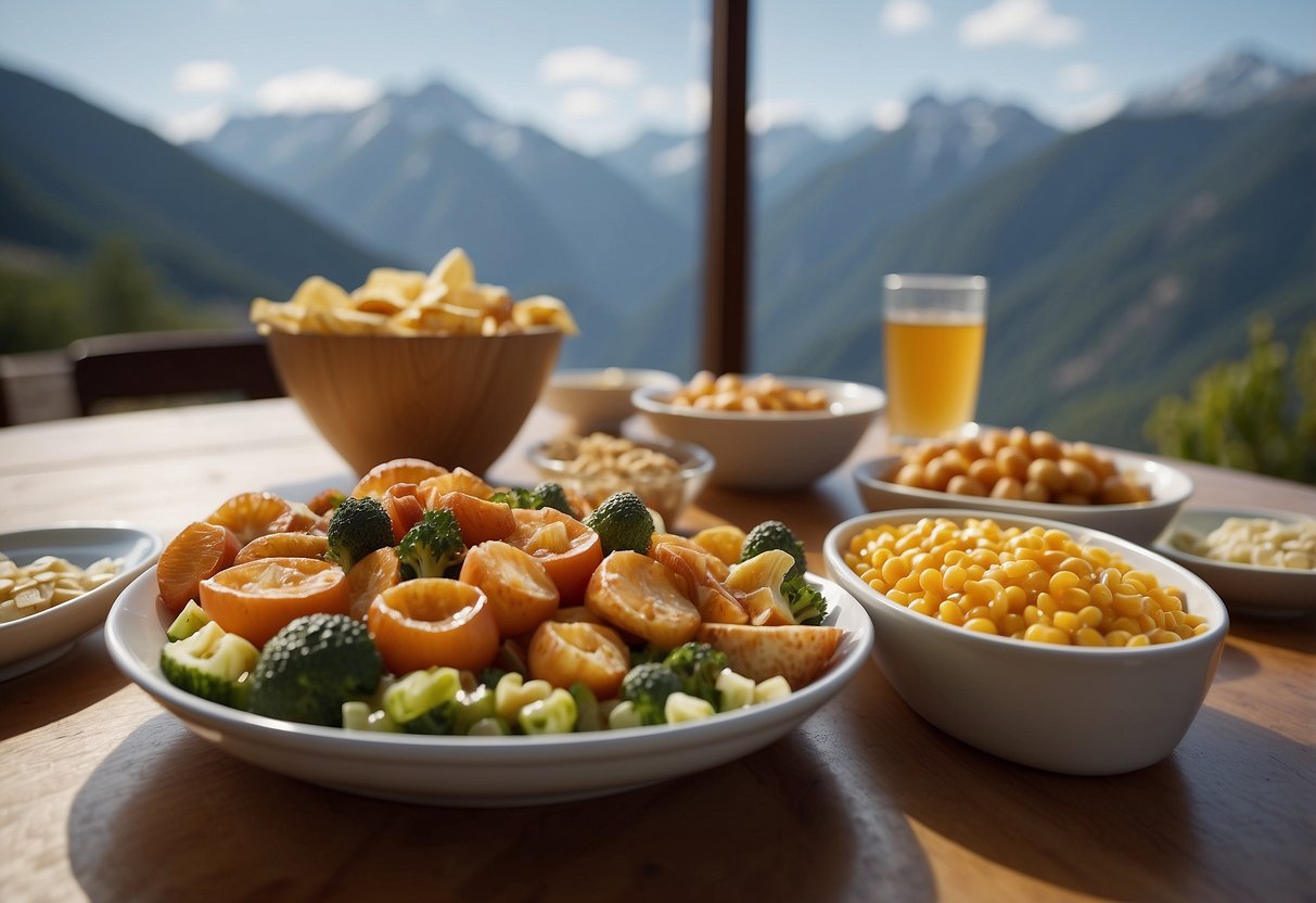 A table with high-calorie foods surrounded by mountain peaks and thin air