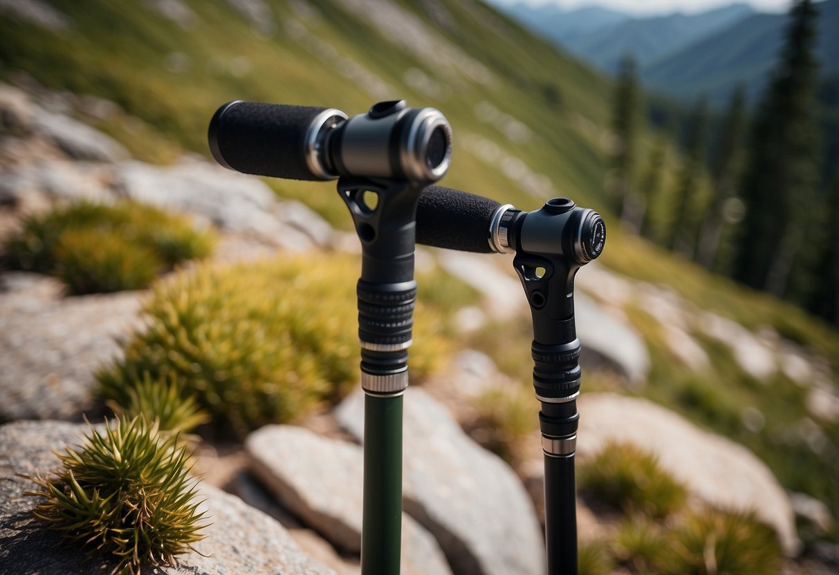 Trekking poles in use on a high altitude backpacking trail