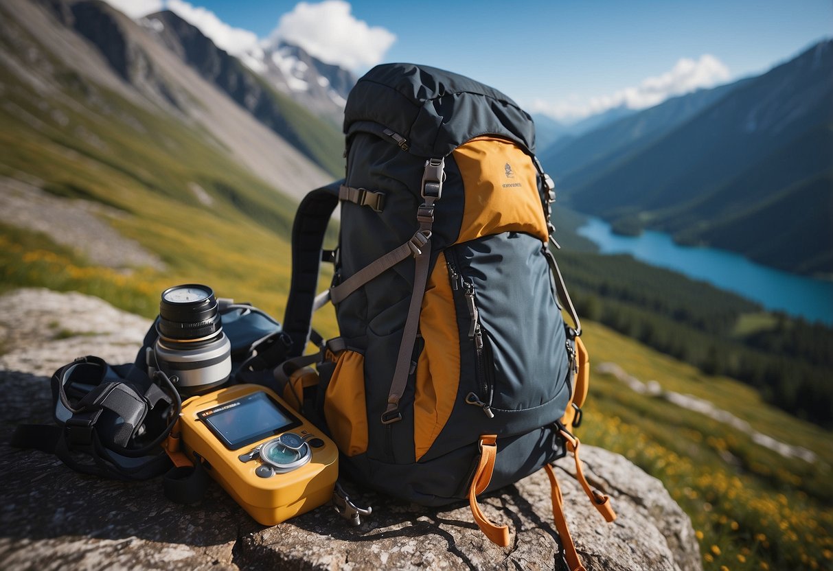 A backpack with an oxygen monitor sits against a mountain backdrop, surrounded by high-altitude gear and a trail map