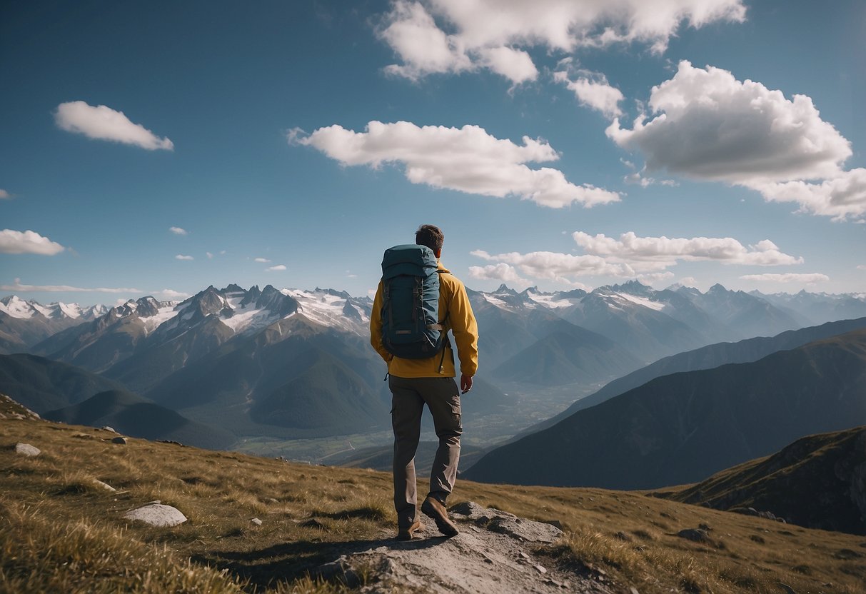 A mountainous landscape with a hiker experiencing dizziness, nausea, and headache. High altitude warning signs are posted. Snow-capped peaks in the background