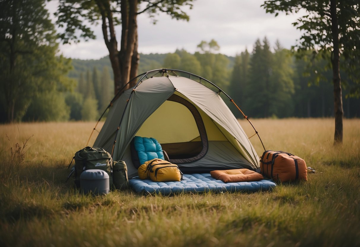 A campsite with a tent pitched on a grassy field, surrounded by trees. An open backpack with ultralight sleeping pads and camping gear scattered around