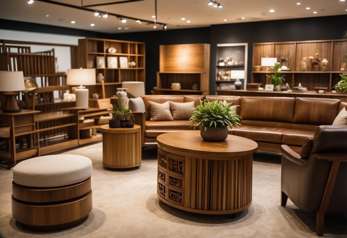 A teak furniture sale in Singapore, with various pieces displayed in a bright showroom. Customers browse and admire the high-quality wood craftsmanship