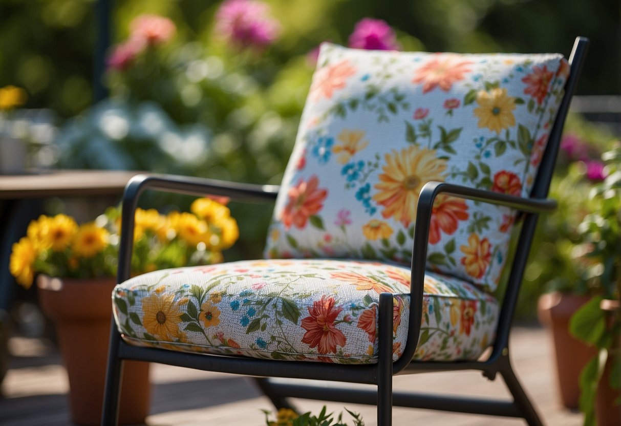 A patio chair made of textilene mesh sits on a sunny deck, surrounded by lush greenery and colorful flowers