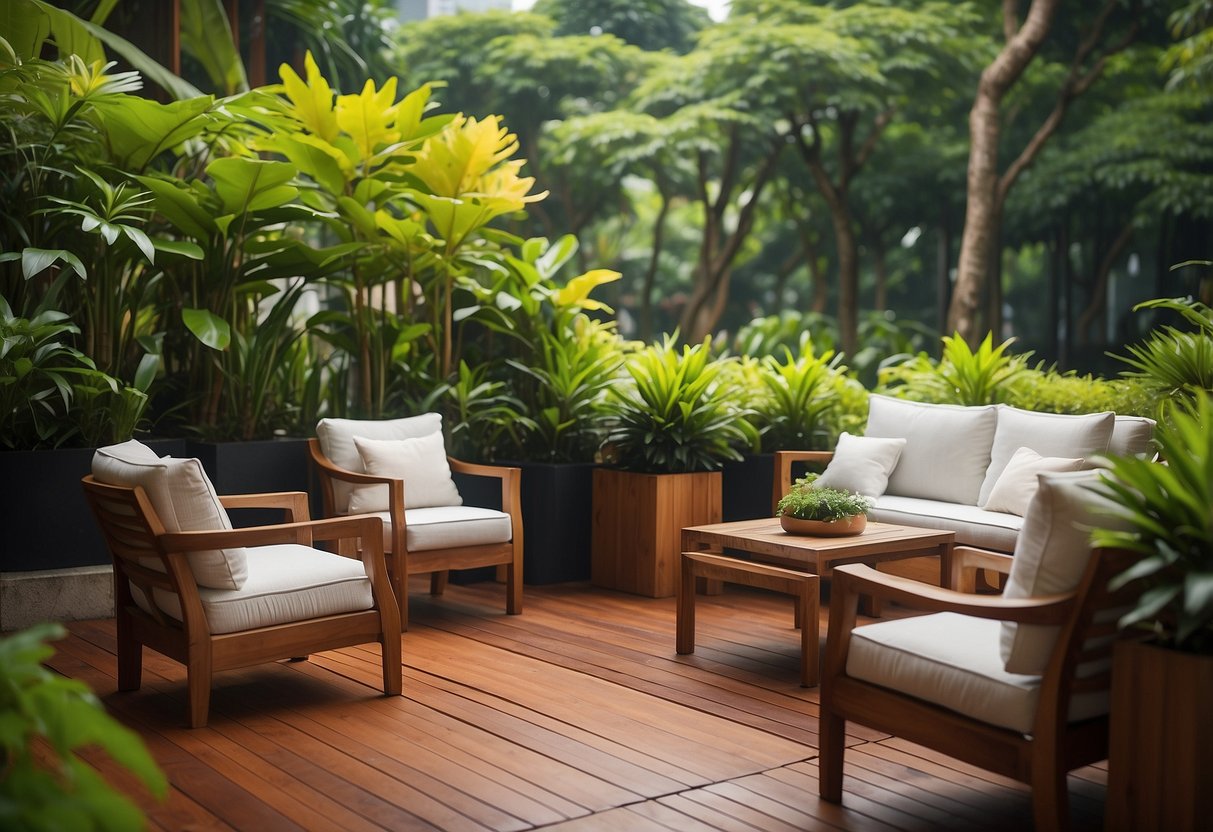 A cozy outdoor patio in Singapore, adorned with elegant teak furniture on sale. The warm, rich wood tones complement the lush greenery of the tropical setting