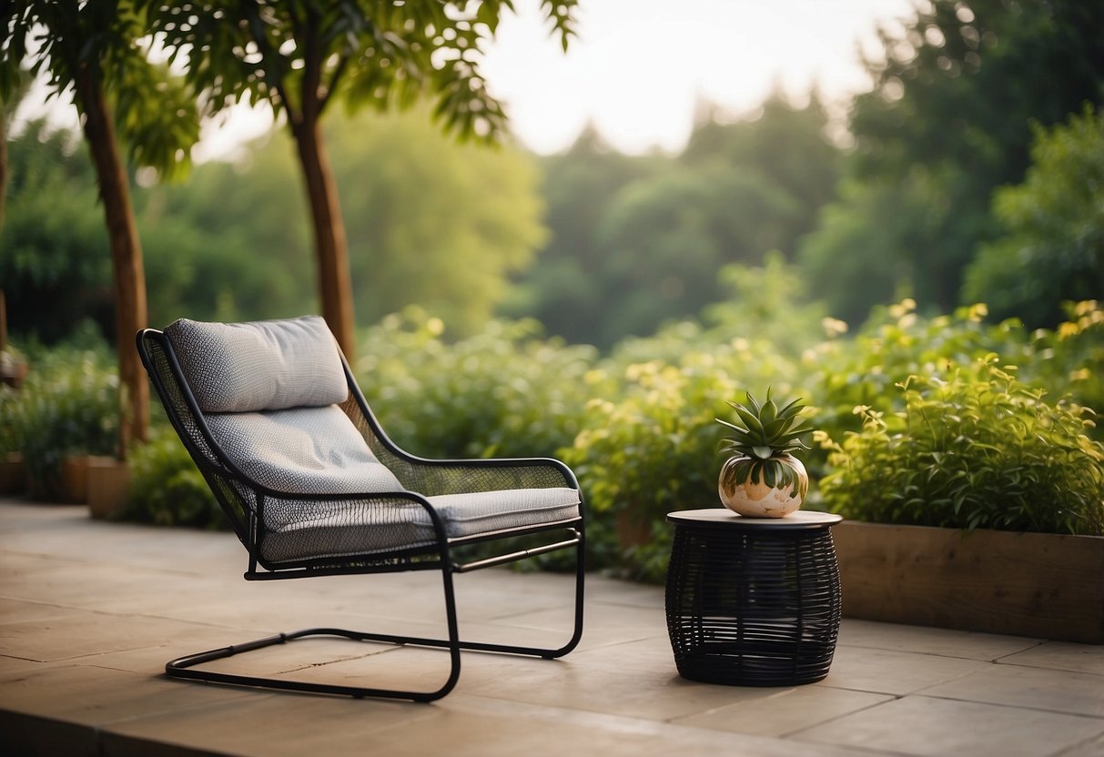A patio chair with textilene mesh fabric, set against a lush outdoor backdrop