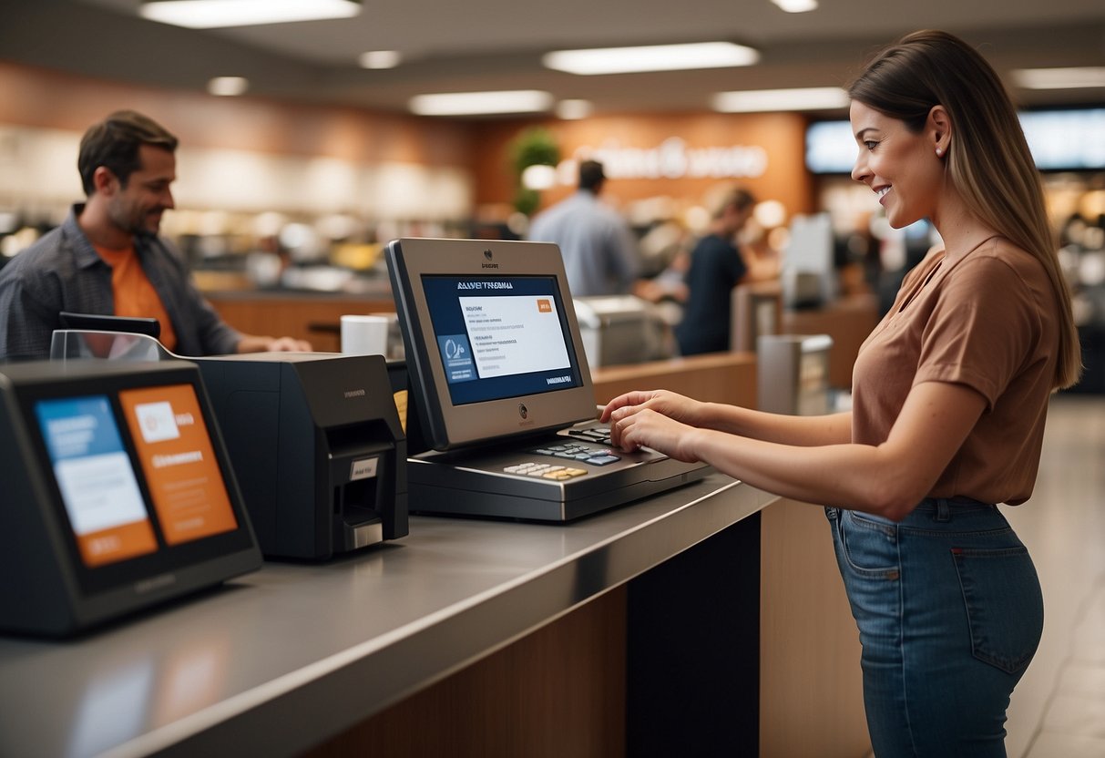 A person swiping a Synchrony Ashley Furniture card at a checkout counter, with various financing options displayed on a screen or brochure nearby