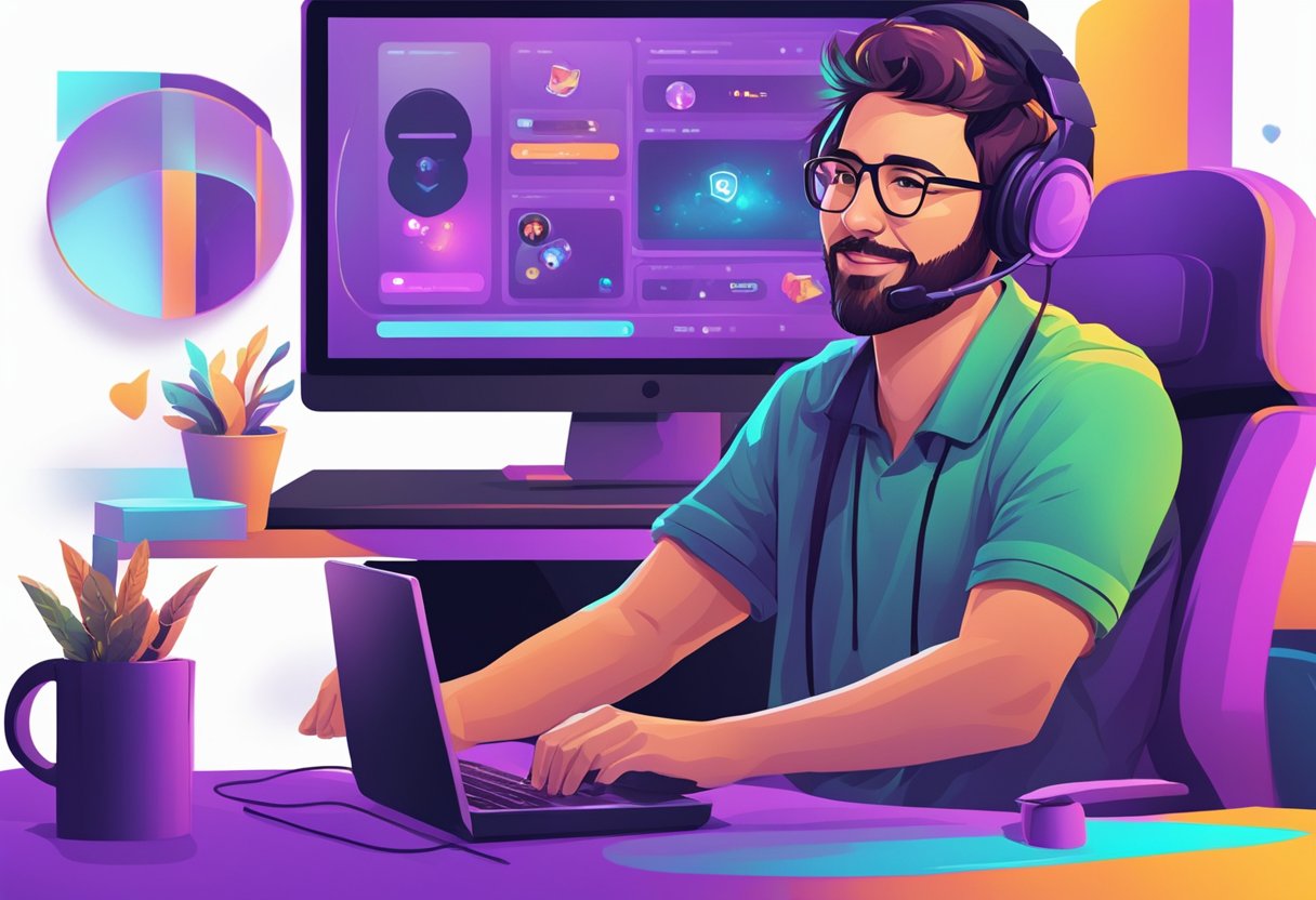 A colorful Twitch streamer interacts with lively chat, using engaging visuals and dynamic commentary to keep viewers active and engaged