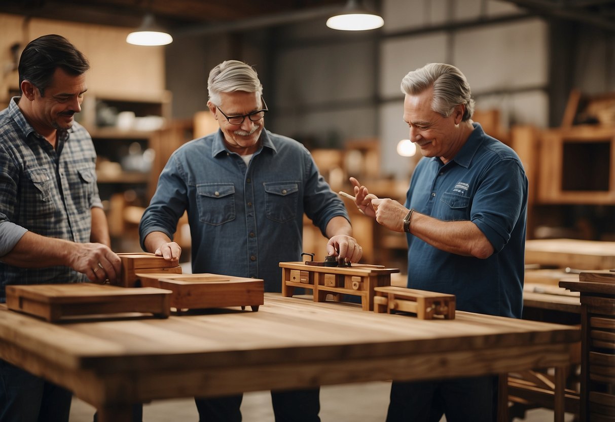 A craftsman carefully inspects teak furniture for quality, while a customer service representative assists a satisfied customer