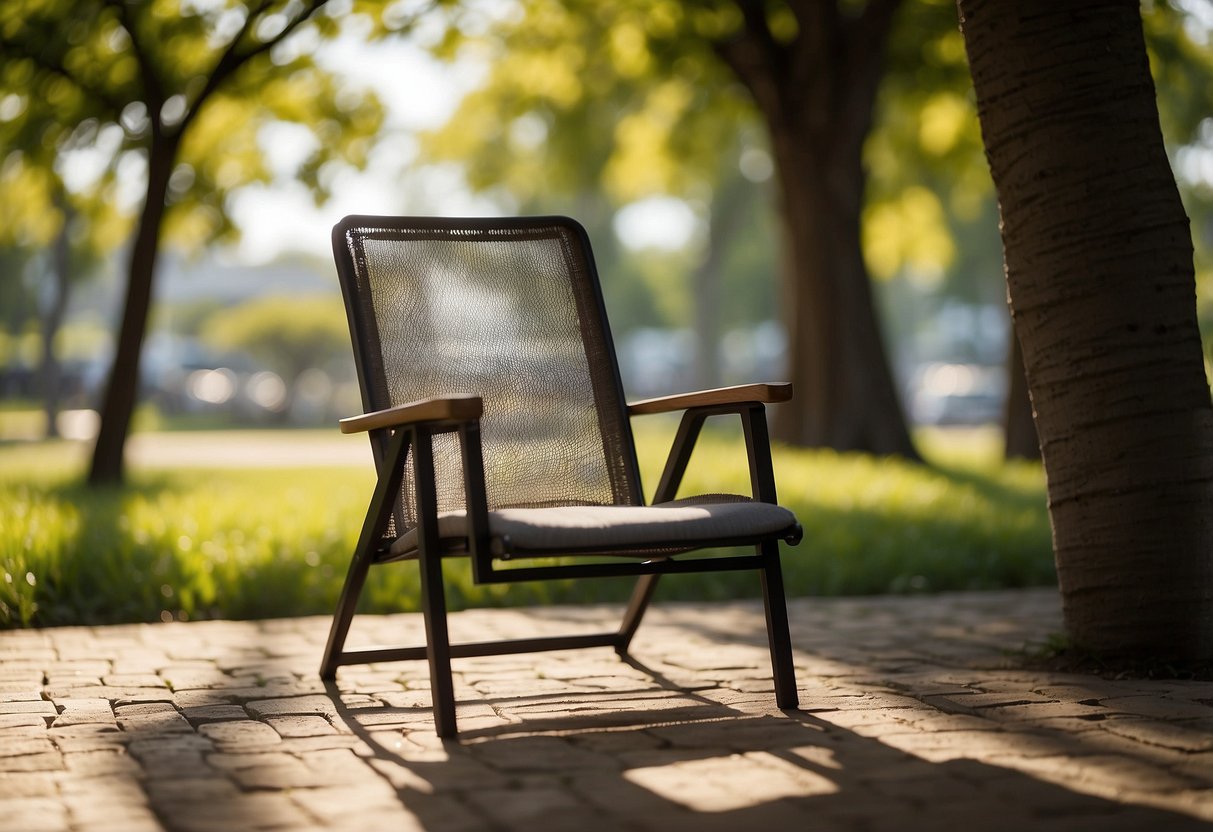 A patio chair made of textilene mesh sits under a shady tree, with a table and umbrella nearby. Sunlight filters through the mesh, casting a pattern on the ground